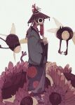  1boy ajirogasa black_eyes blue_kimono blue_shoes brown_hat bug creature detached_eyes earrings flower from_side full_body grey_background hat highres hoop_earrings japanese_clothes jewelry kimono long_tongue looking_at_viewer looking_to_the_side male_focus ome_meee one-eyed original piercing purple_flower shoes simple_background solo standing tattoo tongue tongue_out tongue_tattoo very_long_tongue wide_sleeves 