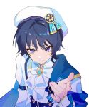  1boy aqua_gem arm_belt belt beret black_hair blue_belt blue_bow blue_cape blue_ribbon blue_shorts blunt_ends bow bowtie buttons cape closed_mouth collared_shirt commentary diamond-shaped_pupils diamond_(shape) emblem eyelashes eyeshadow fingernails flower gem genshin_impact gold_trim hair_between_eyes hand_up hat hat_flower hat_ornament hat_ribbon high-waist_shorts highres jellyfish_cut jewelry juliet_sleeves long_sleeves looking_at_viewer looking_up makeup male_focus official_alternate_costume pendant puffy_sleeves purple_eyes red_eyeshadow ribbon scaramouche_(genshin_impact) shirt short_hair shorts simple_background smile solo striped_ribbon suspenders symbol-shaped_pupils untranslatable_commentary uuuulianglijing wanderer_(genshin_impact) wanderer_(resplendent_feast)_(genshin_impact) white_background white_bow white_bowtie white_hat white_shirt wrist_bow 