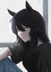  1girl alternate_hair_length_(shorter) animal_ears arm_on_knee artist_name bandaid bandaid_on_face bandaid_on_nose black_hair black_shirt blaze_octopus commentary_request hair_between_eyes highres horse_ears looking_at_viewer medium_hair mouth_hold narita_brian_(umamusume) shirt smile solo stalk_in_mouth umamusume yellow_eyes 