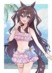  animal_ears bare_shoulders bikini bikini_skirt blush breasts brown_hair commentary_request floral_print floral_print_bikini frilled_bikini frills hair_between_eyes hair_ornament heart heart_hair_ornament highres horse_ears horse_girl horse_tail jewelry long_hair looking_at_viewer mayuchi427 mole mole_under_eye multicolored_hair navel necklace official_alternate_costume official_alternate_hairstyle open_mouth pink_bikini print_bikini ruffle_bikini small_breasts smile star_(symbol) star_necklace stomach streaked_hair swimsuit tail umamusume vivlos_(eclat_d'ete)_(umamusume) vivlos_(umamusume) white_streaks 