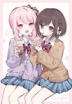  1girl 1other :d akiyama_mizuki artist_name blue_skirt border bow bowtie braid brown_cardigan brown_eyes brown_hair bubble_tea cardigan collared_shirt commentary drink drinking_straw drinking_straw_in_mouth fingernails flower_symbol grid_background hair_between_eyes hair_bow hair_intakes hands_up highres holding holding_drink invisible_chair kamiyama_high_school_uniform_(project_sekai) looking_at_viewer miniskirt open_mouth outside_border pink_border pink_eyes pink_hair project_sekai purple_cardigan red_bow red_bowtie school_uniform shinonome_ena shirt short_hair side_ponytail sidelocks signature sitting skirt smile striped_bow striped_bowtie striped_clothes swept_bangs untranslatable_commentary white_bow white_shirt yukomeow 