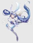  1girl absurdres ahoge bare_shoulders blue_eyes blue_gloves breasts commentary_request dress figure_skating gloves grey_background guest_art highres ice_skates iuno_(wuthering_waves) kitou_saji laurel_crown long_hair looking_at_viewer medium_breasts open_mouth outstretched_arms pantyhose sample_watermark simple_background skates smile solo twintails watermark white_dress white_pantyhose wuthering_waves 