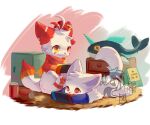  ahoge artist_logo blue_gloves can chest_of_drawers closed_mouth commentary_request drink_can furry gloves logo lying nintendo_switch on_stomach open_mouth orange_eyes original pawpads red_scarf scarf signature sitting smile soda_can stuffed_animal stuffed_toy tail tail_raised tooth white_background white_fur white_tail windbiom 