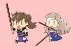  1boy 1girl :3 :d armor artist_name black_armor brown_eyes brown_hair chibi commentary_request cross_scar dated fire_emblem fire_emblem_fates flyer_27 food gold_trim hana_(fire_emblem) headband hinata_(fire_emblem) holding holding_food holding_pocky japanese_armor japanese_clothes long_hair open_mouth oversized_food oversized_object pink_background pocky samurai scar scar_on_face simple_background smile white_armor white_headband 
