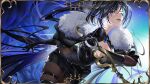  1girl black_gloves black_hair black_leotard black_skirt blue_eyes blue_hair breasts cleavage cleavage_cutout clothing_cutout colored_inner_hair commentary english_commentary floating_hair fur_trim gloves highres holding holding_sword holding_weapon hololive hololive_english large_breasts leotard long_hair looking_at_viewer massiveyog miniskirt multicolored_hair official_alternate_costume official_alternate_hairstyle open_mouth ouro_kronii pencil_skirt reverse_grip skin_tight skirt solo sword thigh_strap three-quarter_sleeves very_long_hair virtual_youtuber weapon 
