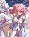  1girl arm_up bare_shoulders breasts chinese_commentary cleavage cloud cloudy_sky commentary_request cowboy_shot detached_sleeves dress feathered_wings hair_intakes hair_ornament hair_over_one_eye highres large_breasts long_sleeves looking_at_viewer mechanical_wings medium_hair multiple_wings pink_eyes pink_hair pointy_ears purple_eyes remielle_dan short_dress sky smile solo standing star_(symbol) star_hair_ornament tassel thighhighs thighs white_dress white_thighhighs white_wings wings xishuu_(xishu3373) zenless_zone_zero 