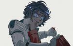  blood blood_on_hand blue_eyes blue_hair canon_event char_aznable commentary_request crying crying_with_eyes_open despair dueltildie gundam hand_on_another's_face highres jacket kamille_bidan korean_commentary male_focus mecha_pilot_suit normal_suit_(gundam) quattro_bajeena red_jacket tears white_background zeta_gundam 