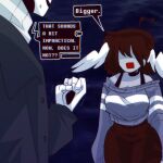  1boy 1girl ahoge annoyed black_choker black_coat black_tank_top breast_expansion breasts brown_hair brown_pants choker clenched_hand coat colored_skin commentary curvy deltarune english_text feathered_wings genderswap genderswap_(otf) grey_skin grey_sweater hand_up head_wings heart heart_ahoge hole_in_hand hollow_eyes large_breasts long_sleeves maciemacchi medium_hair off-shoulder_sweater off_shoulder open_mouth pants rectangular_mouth shaded_face simple_background skeleton smile striped_clothes striped_sweater sweatdrop sweater tank_top thick_thighs thighs transformation utdr_(toby_fox) vessel_(deltarune) w.d._gaster wide_hips wings 