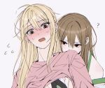  2girls blonde_hair blush brown_eyes brown_hair clothes_lift commentary flying_sweatdrops grabbing_another's_breast grabbing_from_behind grey_background groping long_hair multiple_girls one_one_11 original pink_shirt red_pupils shirt shirt_lift simple_background sweat yuri 