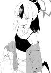  1girl alternate_costume bag blue_archive bra breasts cardigan choker closed_mouth collarbone commentary_request cowboy_shot ear_ornament from_side halo highres holding holding_bag horns kayoko_(blue_archive) looking_at_viewer midriff monochrome multicolored_hair navel off_shoulder ponytail shorts single_wing small_breasts solo two-tone_hair underwear wings y4mori_gekko 
