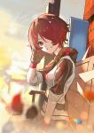  1girl arknights black_gloves commentary detached_wings exusiai_(arknights) fingerless_gloves gloves hair_over_one_eye halo highres jacket looking_at_viewer naoel_(naoel_art) red_hair shirt short_hair skyline smile solo traditional_halo wings 
