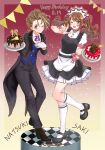  1boy 1girl apron artist_name birthday_cake birthday_date black_coat black_dress black_pants black_shoes black_suit blue_vest brown_hair butler buttons cake character_name coat commentary_request crossdressing crossdressing_(ftm) crossdressing_(mtf) dress female_butler food frilled_dress frills gloves gradient_background hair_ornament hair_scrunchie happy_birthday highres holding holding_plate idolmaster idolmaster_cinderella_girls idolmaster_side-m kimura_natsuki kneehighs lapel_pin lapels long_hair looking_at_viewer maid maid_apron maid_headdress male_maid mary_janes mizushima_saki nail_polish natsuka_(pwkf8487) notched_lapels pants pink_nails pink_scrunchie plate red_background reverse_trap scrunchie shoes short_dress short_hair socks sparkle_background standing standing_on_one_leg suit trap twintails undershirt v vest white_gloves white_socks yellow_background 