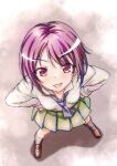  1girl black_necktie black_socks boku_wa_tomodachi_ga_sukunai commentary_request foreshortening from_above full_body green_skirt hand_on_own_hip loafers long_sleeves looking_at_viewer mikazuki_yozora necktie official_artist_extra pleated_skirt purple_eyes school_uniform shoes short_hair short_necktie skirt smile socks solo st._chronica_academy_school_uniform standing summer_uniform underwear watanabe_yoshihiro 