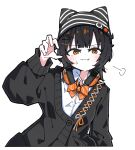  1girl absurdres animal_hat black_cardigan black_hair bow bowtie cardigan cat_hat claw_pose collared_shirt commentary_request fang furrowed_brow hat headphones headphones_around_neck highres kei_(k_eii0) long_sleeves looking_at_viewer mahou_shoujo_no_majo_saiban multicolored_hair official_alternate_costume orange_bow orange_bowtie orange_eyes orange_streaks sawatari_coco shirt short_hair simple_background solo streaked_hair striped_hat upper_body white_background white_shirt 