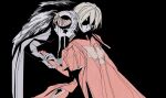  1boy 1girl bird black_background blonde_hair blue_eyes cape chinese_commentary coat dimitri_alexandre_blaiddyd dimitri_alexandre_blaiddyd_(timeskip) dress eagle edelgard_von_hresvelg edelgard_von_hresvelg_(timeskip) expressionless eyepatch fake_horns fire_emblem fire_emblem:_three_houses fur_coat gh0st2_uma highres holding_hands horns hunched_over light_smile red_dress smile white_hair 
