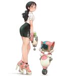  1girl animal_ear_helmet animal_helmet assault_visor black_hair closed_mouth commentary energy_gun english_commentary full_body gloves helmet high_heels highres holding holding_weapon kikicodomo original pencil_skirt pink_gloves pink_shoes ponytail ray_gun robot round_eyewear science_fiction shirt shoes simple_background skirt solo turning_head unworn_headwear unworn_helmet weapon white_background white_shirt wispy_bangs 