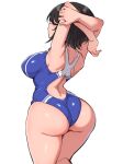  armpits ass back bare_arms black_hair blue_one-piece_swimsuit blush breasts closed_eyes competition_swimsuit english_commentary highres hololive large_breasts one-piece_swimsuit oozora_subaru open_mouth sakanaya_(sakanaya952) short_hair shoulder_blades sideboob sidelocks simple_background standing stretching swimsuit virtual_youtuber white_background 