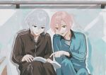  1boy 1girl absurdres black_jacket black_pants black_track_suit blue_jacket blue_pants blue_track_suit book commentary dance_studio feet_out_of_frame highres indoors jack_jeanne jacket on_floor open_book pants pink_hair pointing reading reverse_trap shirota_mitsuki short_hair sitting tachibana_kisa track_jacket track_suit white_hair yellow_eyes yumu1059 