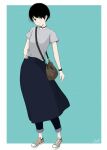  1girl bag black_choker black_eyes black_hair black_pants black_skirt blue_background blush border brown_bag brown_shoes choker closed_mouth commentary_request full_body grey_shirt handbag highres long_skirt original pale_skin pants pants_under_skirt shirt shoelaces shoes short_hair short_sleeves signature simple_background skirt sneakers solo takimoto_nao very_short_hair white_border 