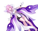  1girl absurdres bare_shoulders barefoot black_shorts breasts commentary_request corset diamond-shaped_pupils diamond_(shape) elysia_(herrscher_of_human:_ego)_(honkai_impact) elysia_(honkai_impact) feet gloves hair_ornament highres honkai_(series) honkai_impact_3rd large_breasts looking_at_viewer multicolored_hair partial_commentary pink_hair purple_eyes short_hair short_shorts shorts smile solo symbol-shaped_pupils toes transparent_background triquetra two-tone_hair white_corset white_gloves white_hair zaphkiel.chou 