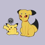  :3 ? absurdres animal_focus closed_mouth commentary cosplay decamark delatoid english_commentary grey_background highres no_humans pikachu pikachu_(cosplay) pokemon simple_background sitting smile spoken_question_mark umbreon 