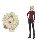  1girl arm_at_side black_pants blonde_hair blue_eyes boots brown_boots burn_scar commentary_request full_body hand_on_own_hip highres jacket leather leather_jacket long_sleeves meitantei_conan multiple_views official_art pants parted_lips red_jacket reference_sheet scar short_hair simple_background standing tachi-e white_background yelenika_lavrentyeva 