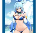  1girl aqua_(konosuba) bare_shoulders beach bikini blue_bikini blue_eyes blue_hair blue_sky blush bow bowtie breasts cleavage commentary_request detached_collar detached_sleeves hair_ornament hair_rings jampen kono_subarashii_sekai_ni_shukufuku_wo! large_breasts long_hair looking_at_viewer navel open_mouth single_hair_ring sky smile solo sphere_hair_ornament swimsuit 