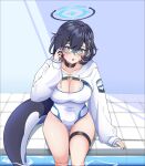  1girl absurdres adjusting_eyewear black_choker black_hair blue-framed_eyewear blue_archive blue_halo blush breasts cetacean_tail chihiro_(blue_archive) choker cleavage colored_inner_hair cosplay covered_navel feet_out_of_frame fins fish_tail glasses grey_eyes grey_hair halo highres hood hood_down hooded_shrug katyusha.v kotone_(blue_archive) kotone_(blue_archive)_(cosplay) large_breasts long_sleeves looking_at_viewer multicolored_hair one-piece_swimsuit open_mouth poolside puffy_long_sleeves puffy_sleeves semi-rimless_eyewear shrug_(clothing) sitting solo swimsuit tail thigh_strap thighs under-rim_eyewear white_one-piece_swimsuit white_shrug 