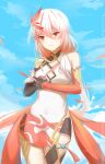  1girl asymmetrical_gloves black_gloves blue_sky chinese_clothes chinese_commentary cloud cloudy_sky commentary_request dress elbow_gloves fu_hua fu_hua_(phoenix) gloves hair_ornament highres honkai_(series) honkai_impact_3rd huijiang_monster long_hair looking_at_viewer mismatched_gloves outdoors qipao red_eyes red_gloves sky smile solo white_dress white_hair 