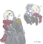  2boys alternate_universe battery_indicator black_choker black_robe choker commentary_request gryffindor harry_potter_(series) heart highres hogwarts_school_uniform hood hood_down hooded_robe hufflepuff hug jack_jeanne kiss male_focus multiple_boys mutsumi_kai parody red_scarf robe scarf school_uniform simple_background takashina_sarafumi white_background wide-eyed wizarding_world yaoi yellow_eyes yellow_hood yuu_(dazzlingspring) 