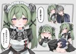  1boy 2girls :i belle_(zenless_zone_zero) black_dress blue_hair brother_and_sister chain closed_eyes commentary_request corin_wickes dress green_hair grey_background grey_hair hair_between_eyes hands_on_another's_cheeks hands_on_another's_face highres i3ebiebi jacket lap_pillow leaning_on_person long_hair long_sleeves looking_at_viewer maid maid_headdress multiple_girls multiple_views notice_lines open_mouth puffy_short_sleeves puffy_sleeves purple_eyes screw_hair_ornament short_sleeves siblings simple_background sleeping smile squeans translation_request twintails wise_(zenless_zone_zero) zenless_zone_zero 