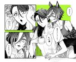  2girls animal_ears chair collarbone commentary_request covering_own_ears dated eyepatch female_trainer_(umamusume) glasses greyscale_with_colored_background grin hand_on_another's_neck hand_on_table horse_ears hurutoriouna long_hair multiple_girls on_chair original parted_lips shirt short_hair single_hair_streak sitting sleeveless sleeveless_shirt smile tanino_gimlet_(umamusume) trainer_(umamusume) translation_request umamusume 
