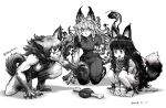  1girl 3girls :< all_fours animal_ear_fluff animal_ears arms_between_legs artist_collaboration barefoot blush boned_meat bow braid braided_sidelocks breasts capelet cat_choker cat_ears chain claws clenched_teeth closed_mouth commentary_request cuffs dated drooling eyelashes fang fangs fingernails flaming_eyes flat_chest food full_body fur-trimmed_capelet fur_trim furry furry_female greyscale hair_bow hand_on_floor highres ito_(silva) jun_(navigavi) knit_sweater long_hair long_sleeves looking_at_food meat messy_hair monochrome multiple_girls multiple_hair_bows muscular muscular_female nishi nose open_mouth original pants reaching ribbed_sweater seiza shackles shadow sharp_fingernails sharp_teeth sharp_toenails shirt short_hair short_sleeves shorts sidelocks simple_background sitting small_breasts snout solo squatting sweater tail tail_bow tail_ornament tail_raised tank_top teeth tight_clothes tight_shirt toenails turtleneck turtleneck_sweater twitter_username very_long_hair white_background wolf_ears wolf_girl wolf_tail 