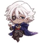  1boy blue_eyes boots brown_boots chibi commentary_request eyepatch fire_emblem fire_emblem_fates hair_between_eyes hand_up highres hood hood_down looking_at_viewer male_focus neko_maru_1027 niles_(fire_emblem) pants simple_background smile solo striped_clothes striped_pants vertical-striped_clothes vertical-striped_pants white_background white_hair 