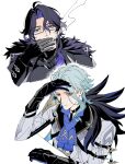  0p78xopwsj83779 2boys ahoge ascot black_choker black_coat black_gloves black_hair black_shirt blue_ascot blue_gloves blue_hair blue_shirt choker cigarette closed_mouth coat collared_shirt colored_inner_hair commentary_request curtained_hair dottore_(genshin_impact) elbow_rest expressionless eyewear_strap feather_trim fur-trimmed_coat fur_trim genshin_impact glasses gloves gold_trim hair_between_eyes hair_over_shoulder hand_on_own_forehead highres holding holding_cigarette jewelry lab_coat lapels long_sleeves looking_at_viewer male_focus medium_hair multicolored_gloves multicolored_hair multiple_boys no_mask o-ring o-ring_choker open_clothes open_coat pantalone_(genshin_impact) parted_bangs purple_eyes purple_hair red_eyes ring semi-rimless_eyewear shirt short_hair simple_background smoke smoking turtleneck two-tone_gloves under-rim_eyewear upper_body white_background white_coat 