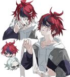  00oo_qo 2boys ahoge aotsuki_eito bandages black_jacket black_streaks blind blue_eyes chibi chibi_inset grey_hair grey_jacket highres holding holding_bandages hood hoodie jacket jacket_over_hoodie male_focus multicolored_hair multicolored_jacket multiple_boys multiple_views parted_lips red_hair scar scar_across_eyes scar_on_face short_hair streaked_hair sumino_takumi sunglasses the_hundred_line_-last_defense_academy- two-tone_hair two-tone_jacket white_background white_hoodie white_jacket 
