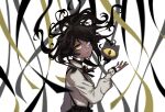  1girl black_bow black_bowtie black_hair bow bowtie commentary english_commentary grey_shirt grimmi_(1st_costume)_(vtuber) grimmi_(vtuber) highres indie_virtual_youtuber long_hair long_sleeves looking_at_viewer one-eyed pale_skin ringed_eyes shirt sidango skelter_(grimmivt) skirt suspender_skirt suspenders virtual_youtuber yellow_eyes 