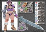  1girl arm_wrap armor backpack bag bikini_armor black_choker boned_meat boots breasts choker commentary commissioner_name dark_elf dark_skin earrings elf english_text eye_symbol fingerless_gloves food gameplay_mechanics gauntlets gloves greatsword grey_eyes heart holding holding_sword holding_weapon hoop_earrings huge_breasts huge_weapon jewelry kafun meat midriff moon_(symbol) mushroom navel original pauldrons pointy_ears purple_armor purple_hair shiny_skin short_hair shoulder_armor single_fingerless_glove single_gauntlet single_vambrace socks spiked_pauldrons spikes stats sword thick_thighs thighs vambraces weapon white_socks 