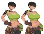  1girl belt black_choker black_hair black_pants breasts brown_belt brown_gloves choker cleavage closed_mouth commentary cowboy_shot earrings english_commentary gloves green_eyes green_tank_top hand_on_own_hip highres hyyun_ho jewelry jisoo_(hyyun_ho) large_breasts midriff multiple_views navel necklace original pants pixie_cut short_hair shoulder_tattoo simple_background smile tank_top tattoo utility_belt variations white_background 