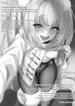  1boy 1girl absurdres baguette_man blanc_(fortune_express)_(nikke) blanc_(nikke) blush boots breasts coat commander_(nikke) commentary_request english_text fang fur-trimmed_boots fur_trim goddess_of_victory:_nikke greyscale hair_ornament hetero high-waist_pantyhose highres looking_at_viewer medium_breasts monochrome nipples no_pants official_alternate_costume official_alternate_hairstyle open_mouth panties panties_under_pantyhose pantyhose pom_pom_(clothes) pom_pom_hair_ornament pov see-through_clothes see-through_pantyhose skin_fang small_breasts smile underwear winter_clothes winter_coat 