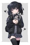  1girl absurdres bag black_bag black_butterfly black_jacket black_skirt black_thighhighs border bug butterfly character_doll closed_mouth commentary_request cowboy_shot doll edano_(8ed_mm8) grey_background grey_sweater hair_ribbon highres holding holding_doll jacket long_sleeves mahou_shoujo_no_majo_saiban narehate_(mahou_shoujo_no_majo_saiban) official_alternate_costume plaid_clothes plaid_skirt pleated_skirt ribbon simple_background skirt solo sweater thighhighs two_side_up white_border zettai_ryouiki 