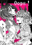  2girls aegyo_sal agnes_tachyon_(tach-nology)_(umamusume) agnes_tachyon_(umamusume) ahoge animal_ears artist_name braid collared_shirt commentary_request corset cropped_jacket greyscale_with_colored_background half_up_half_down_braid hand_on_another's_waist highres horse_ears horse_girl hug jungle_pocket_(champion's_battle_cry)_(umamusume) jungle_pocket_(umamusume) medium_hair multiple_girls necktie notched_ear odag_18 open_mouth parted_lips shirt short_necktie signature strapless sweatdrop sweater test_tube tube_top twitter_username umamusume wolf_cut yuri 