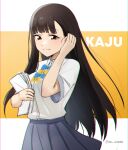  1girl adjusting_hair black_hair blue_bow blue_bowtie borrowed_clothes bow bowtie brown_eyes character_name closed_mouth collared_shirt english_commentary grey_skirt hand_up highres holding holding_paper long_hair make_heroine_ga_oo_sugiru! nukumizu_kaju paper pleated_skirt school_uniform shirt short_sleeves skirt solo straight_hair summer_uniform tsuwabuki_high_school_uniform twitter_username two-tone_background upper_body war_artwork white_background white_shirt yellow_background yellow_bow yellow_bowtie 