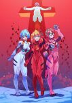  3girls adam_(evangelion) arms_behind_back ayanami_rei blue_eyes blue_hair blue_hairband bodysuit breasts clenched_hands commentary_request crucifixion evangelion:_2.0_you_can_(not)_advance glasses hairband highres holding_own_wrist interface_headset_(evangelion) long_hair looking_at_viewer makinami_mari_illustrious mecha_pilot_suit medium_breasts multiple_girls neon_genesis_evangelion nerv_logo open_mouth orange_hair pink_bodysuit plugsuit_(evangelion) rebuild_of_evangelion red-framed_eyewear red_bodysuit red_eyes sarad_udon short_hair smile souryuu_asuka_langley twintails v white_bodysuit 
