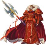 1boy armor brown_hair coat facial_hair fingerless_gloves fire_emblem fire_emblem:_new_mystery_of_the_emblem full_body fur-trimmed_coat fur_trim gloves hardin_(dark_emperor)_(fire_emblem) hardin_(fire_emblem) holding holding_polearm holding_weapon izuka_daisuke mustache official_art pale_skin polearm red_armor red_eyes red_gloves red_robe robe short_hair shoulder_armor solo transparent_background weapon 