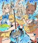  anklet axe barefoot battle_axe bell blonde_hair blue_bow blue_eyes bow capelet commentary cryokinesis double-sided_axe english_commentary floating_clothes floating_hair holding holding_axe holding_slime horns huge_weapon ice ice_shard jewelry kafun long_hair looking_at_viewer magic magical_girl miniskirt multiple_expressions multiple_views open_mouth original runes shirt skirt sleeping slime_(creature) smile snowflake_symbol suspenders teeth translation_request upper_teeth_only very_long_hair weapon white_shirt yellow_capelet yellow_skirt 