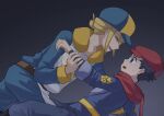  2boys :d absurdres belt black_hair blonde_hair brown_belt closed_eyes commentary_request from_side hat highres holding_another's_arm jacket jumpsuit logo looking_at_another male_focus multiple_boys open_mouth pants pokemon pokemon_legends:_arceus red_hat red_scarf rei_(pokemon) scarf shirt short_hair smile sweatdrop teeth upper_teeth_only volo_(pokemon) yukinoko2200 