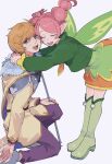  1boy 1girl armor averting_eyes bags_under_eyes belt black_belt boots braid brown_cape brown_coat brown_hair cape closed_eyes coat commentary_request do_not_want fairy fairy_wings fur-trimmed_cape fur_trim green_boots green_skirt green_sweater green_wings grey_background hands_on_another's_neck heads_together highres holding holding_staff hug knee_boots leaning_forward mel_(puyopuyo) multicolored_skirt necktie on_one_knee open_mouth orange_necktie orange_skirt own_hands_together pants pink_hair pointy_ears purple_pants puyopuyo puyopuyo_quest ringed_eyes short_hair shoulder_armor simple_background skirt smile staff standing sweater tearing_up teeth twin_braids urolo wacht_(puyopuyo) wings 
