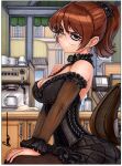 1girl artist_name black_dress black_eyes border breasts brown_hair building cabinet chair closed_mouth coffee_maker commentary counter cup cursive detached_sleeves dress earrings english_commentary frilled_dress frilled_sleeves frills hands_on_own_knees jar jewelry julie_powers large_breasts long_hair mug off-shoulder_dress off_shoulder omar_dogan on_chair ponytail scan scott_pilgrim_(series) signature sitting traditional_media white_border window 