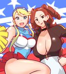  blue_eyes breasts brown_hair choker cleavage drill_hair hand_on_hip heroman huge_breasts large_breasts legs lina_davis lips multiple_girls pom_poms skirt ueyama_michirou vera_collins 